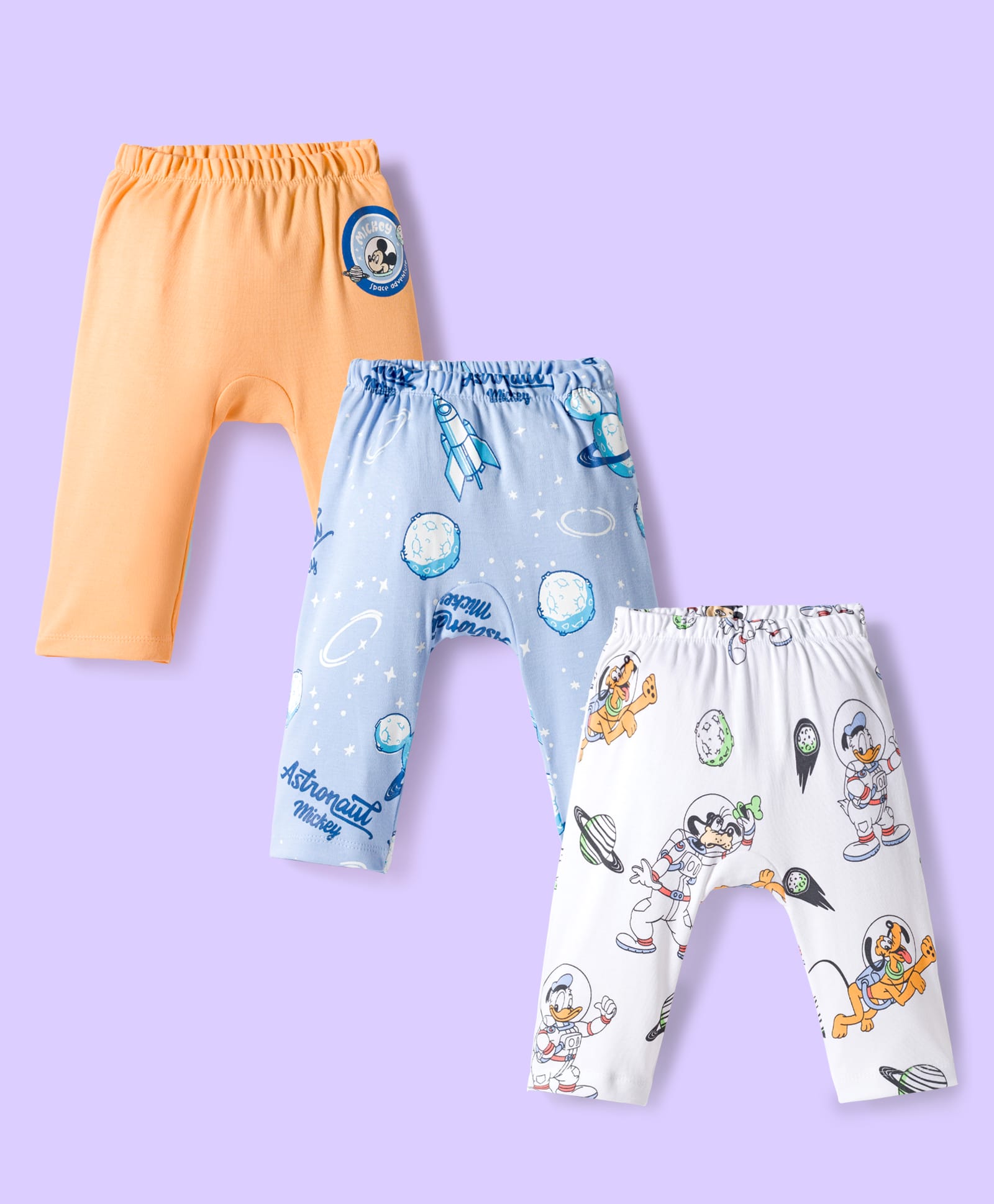 Babyhug Disney Interlock Knit Full Length Diaper Leggings With Mickey Mouse & Friends Graphics Pack of 3 - White Light Blue & Orange-image-47