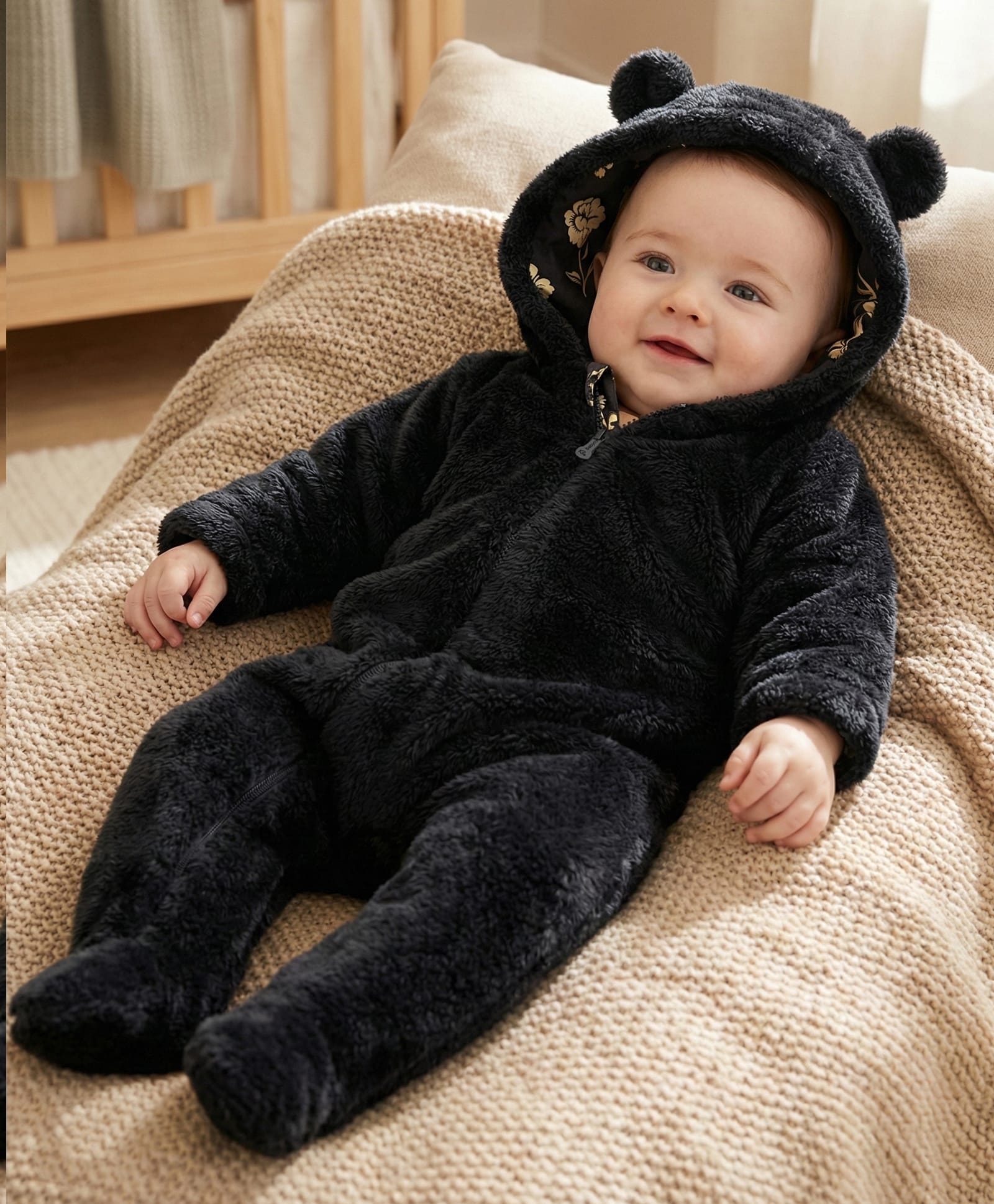 Babyoye Fur Knit Solid Dyed Full Sleeves Hooded Footed Sleepsuit with Ear Applique - Navy Blue-image-16