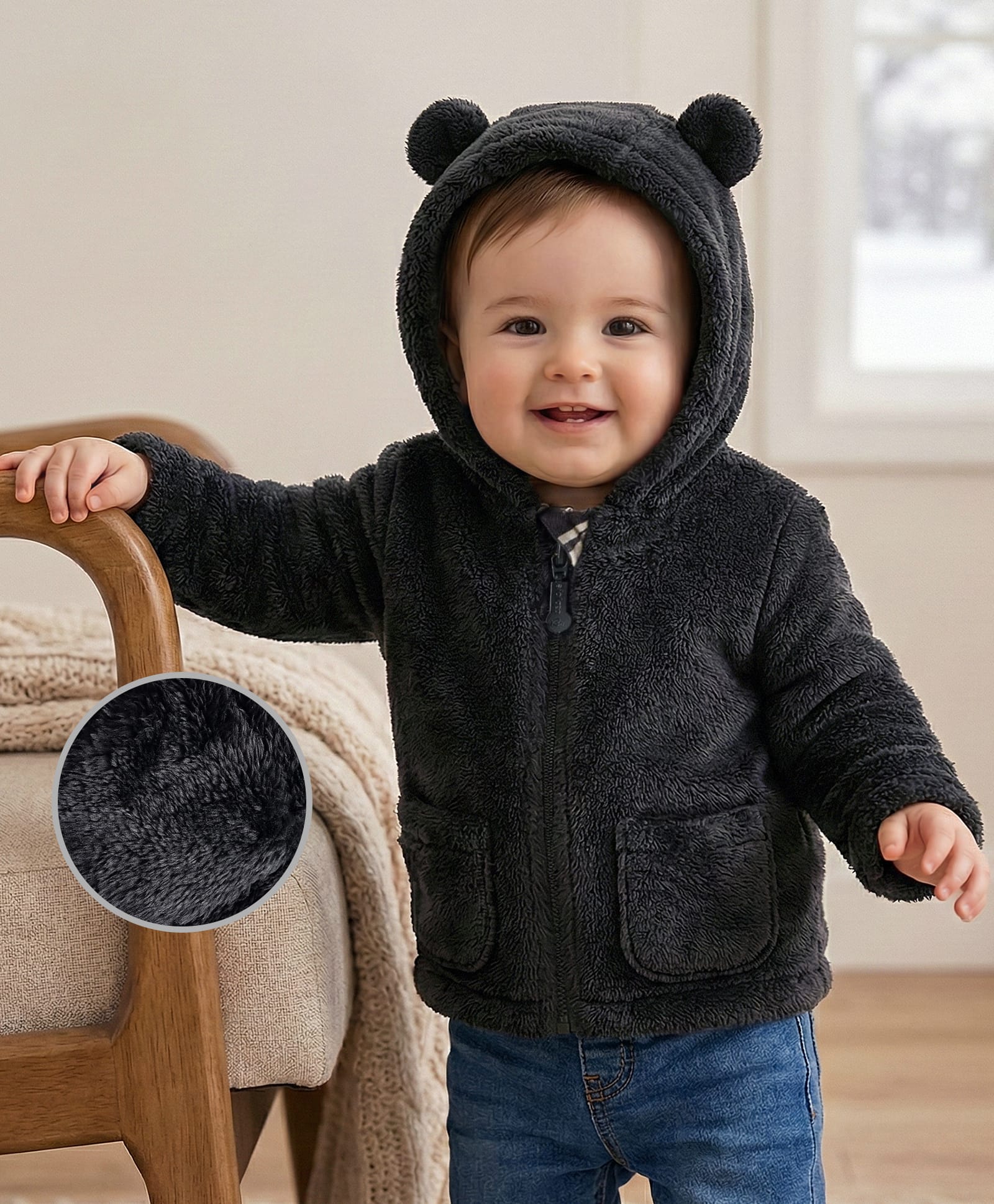 Babyoye Knit Full Sleeves Solid Dyed Hooded Fur Winter Jacket with Ear Applique - Black-picture-35