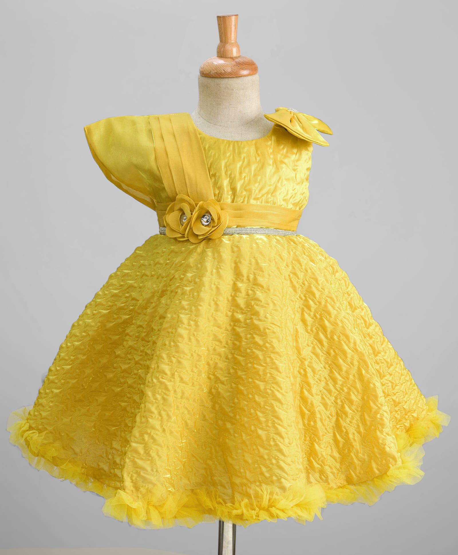 Enfance Cap Sleeves Textured & Bow Applique Detailed Knee Length Dress - Mustard-image-36