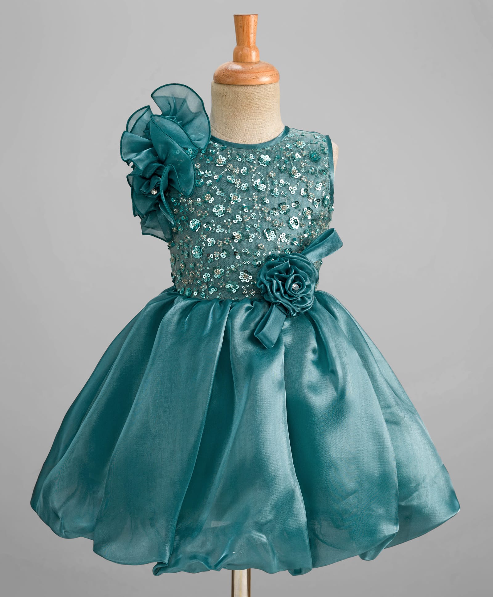 Enfance Sleeveless Floral Applique Detailed Sequins Embellished Knee Length Dress - Teal-picture-18
