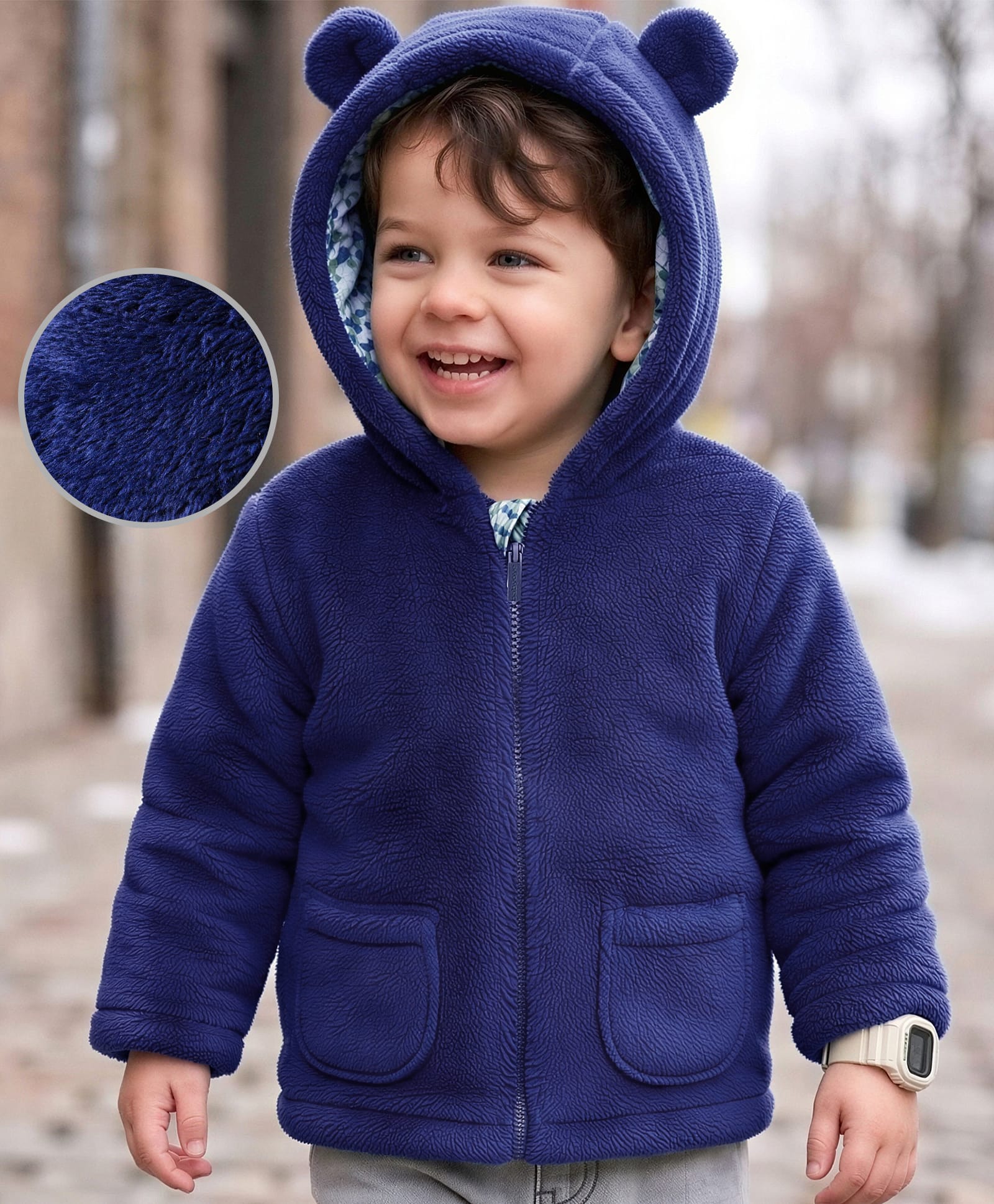 Babyoye Fur Knit Full Sleeves Solid Dyed Hooded Winter Jacket - Navy Blue-image-21
