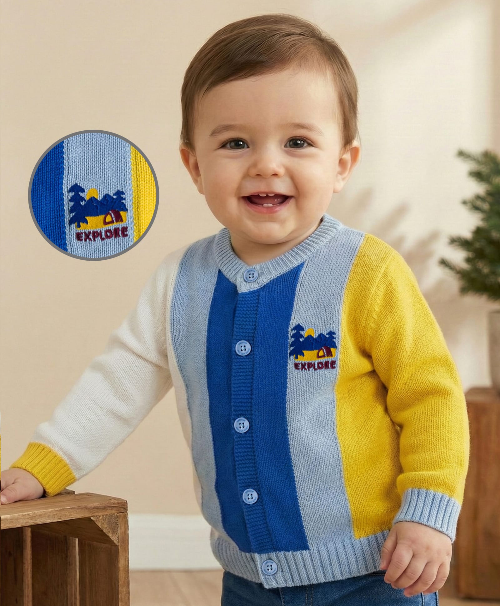 Babyoye 100% Cotton Knit Full Sleeves Striped Front Open Sweater With Embroidery Detailing - Multicolor-picture-0