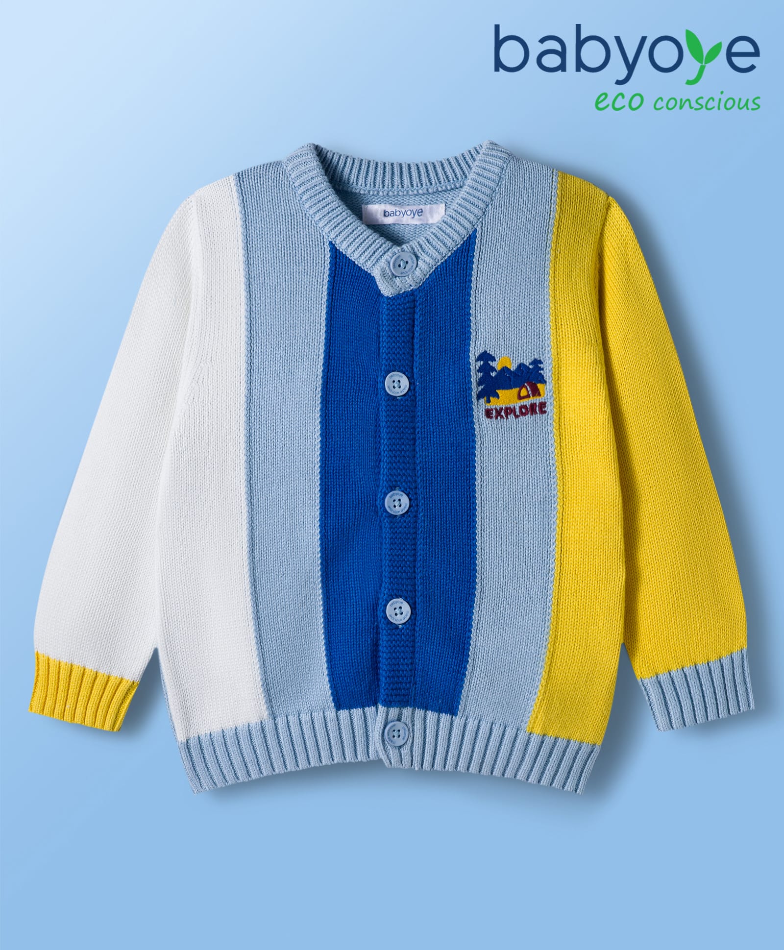 Babyoye 100% Cotton Knit Full Sleeves Striped Front Open Sweater With Embroidery Detailing - Multicolor-picture-19