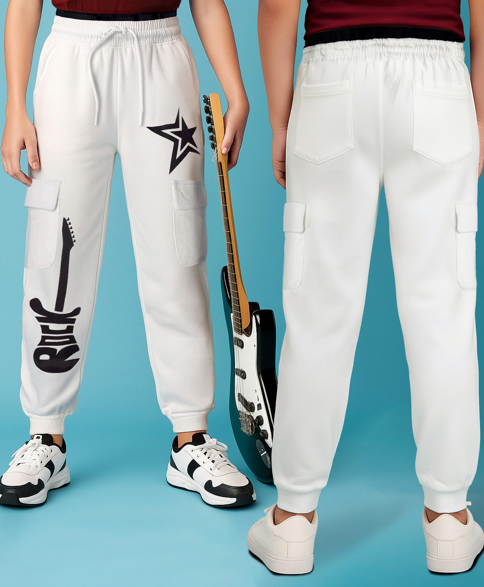 arias by lara dutta Arias Cotton Knit Full Length Lounge Pant with Guitar Print - White-picture-39