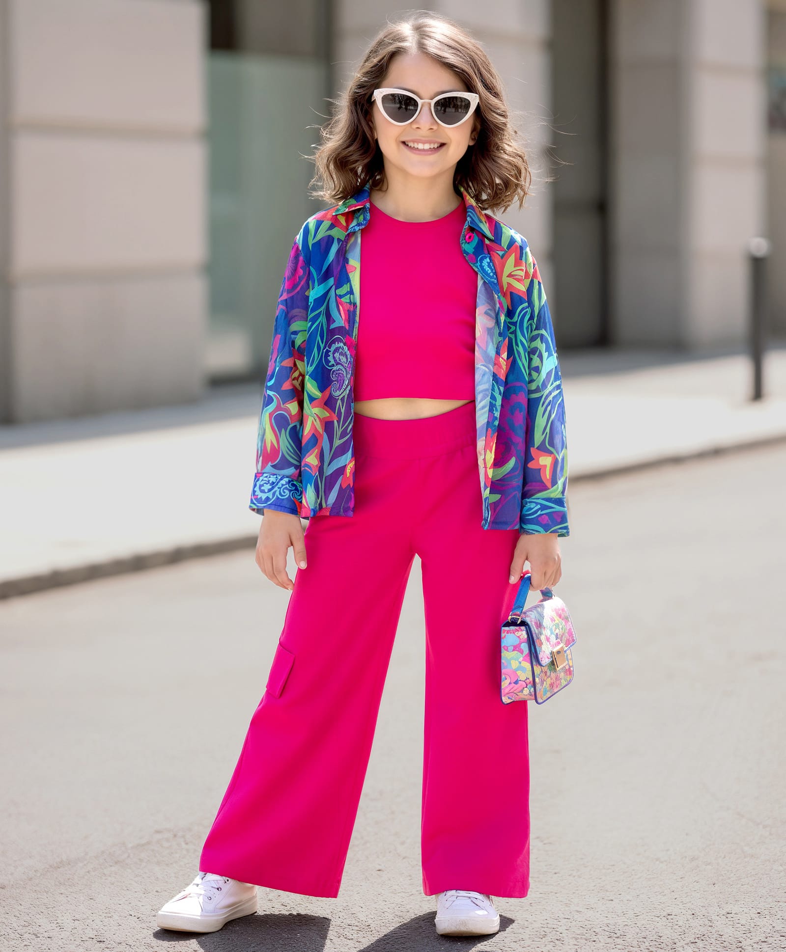 OLLINGTON ST. Georgette Knit Full Sleeves Floral Printed Shirt & Cotton Lycra Culotte with Inner Knit Top - Dark Pink & Blue-picture-26