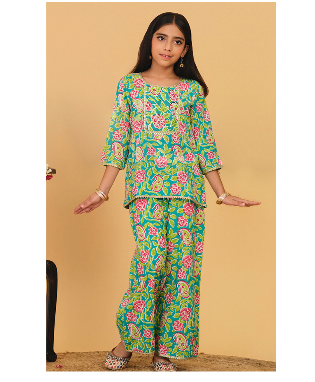 Trampoline Cotton Woven Three Fourth Sleeves Paisley Printed Gota Lace Embellished Top & Palazzo Set - Multi Colour-image-2