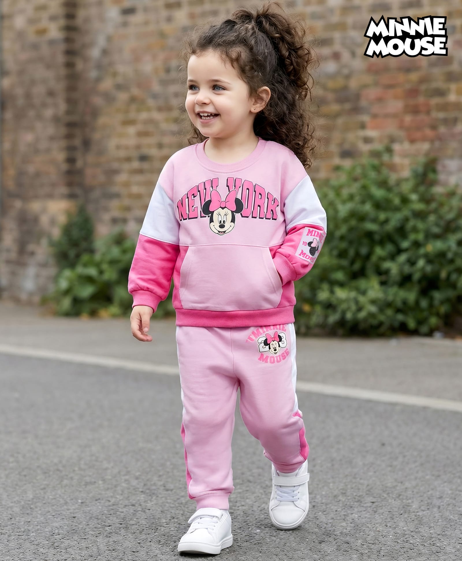 Babyhug Disney Terry Knit Full Sleeves Cut & Sew Sweatshirt & Lounge Pant Set with Minnie Mouse Graphic & Kangaroo Pocket - Pink-image-13
