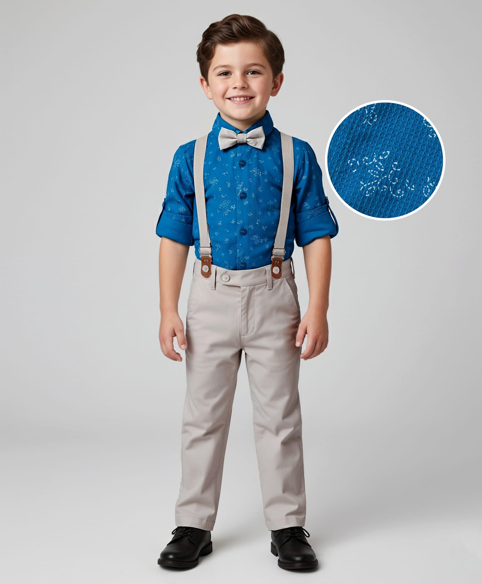 Mark & Mia Woven Full Sleeves Floral Printed Shirt & Trouser Set with Bow & Suspender - Royal Blue & Grey-picture-19