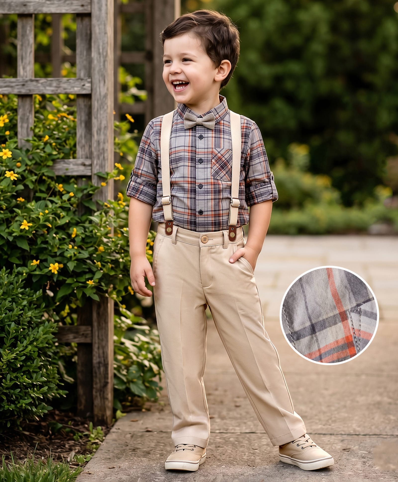 Mark & Mia Cotton Woven Full Sleeves Checks Party Shirt & Trouser With Bow & Suspender - Grey & Beige-picture-12