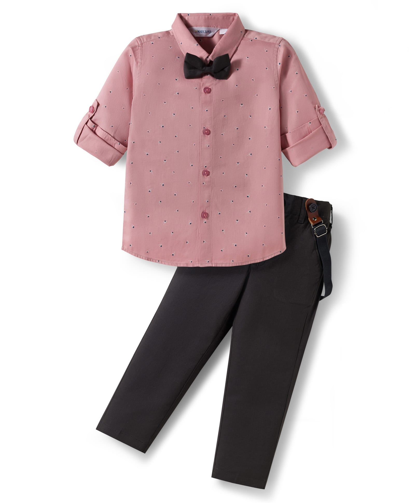 Mark & Mia Woven Full Sleeves Floral Printed Party Shirt & Trouser Set With Bow & Suspender - Pink-picture-40
