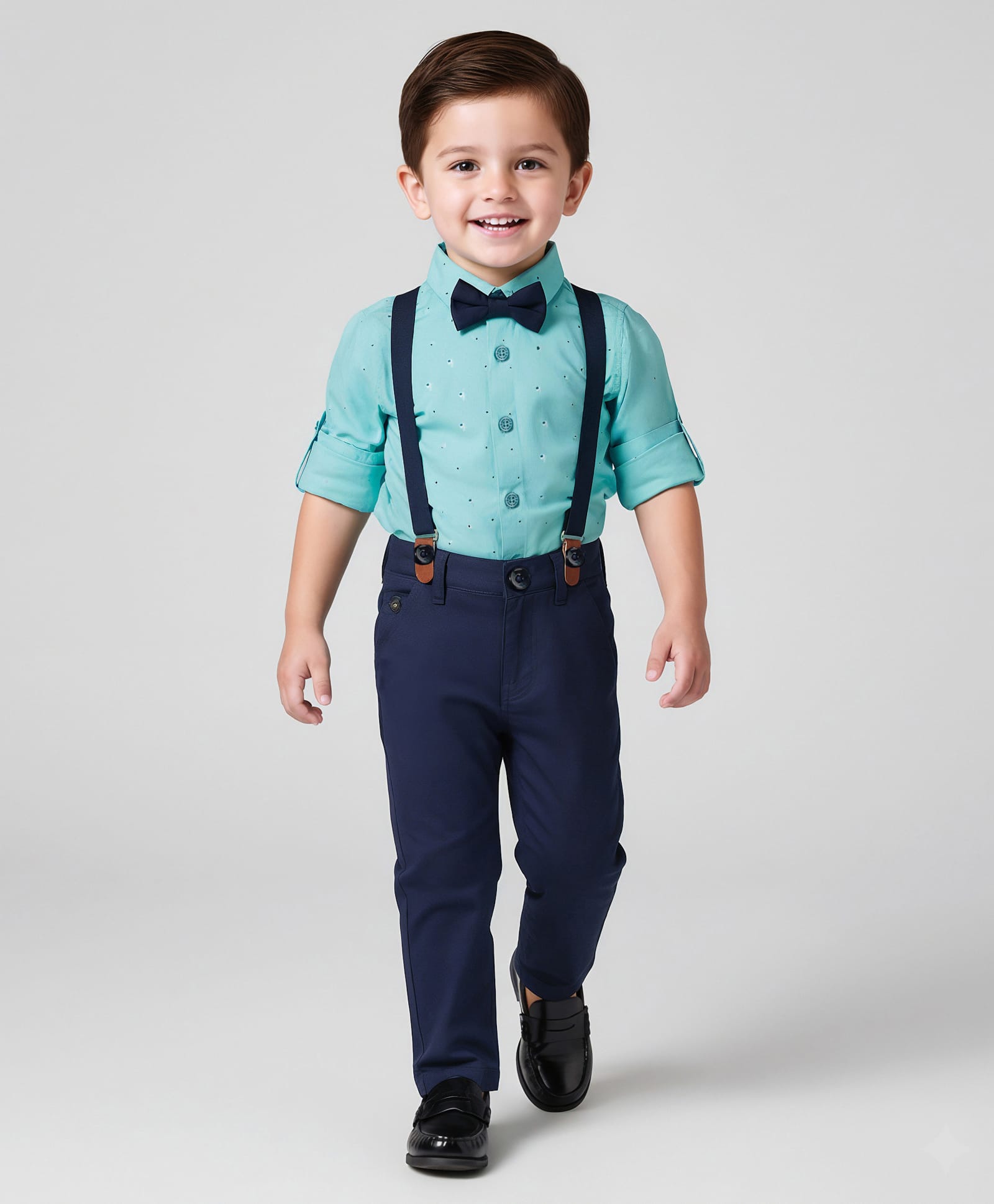 Mark & Mia Woven Full Sleeves Printed Party Shirt & Trouser Set with Bow & Suspender - Light Blue & Navy-picture-30