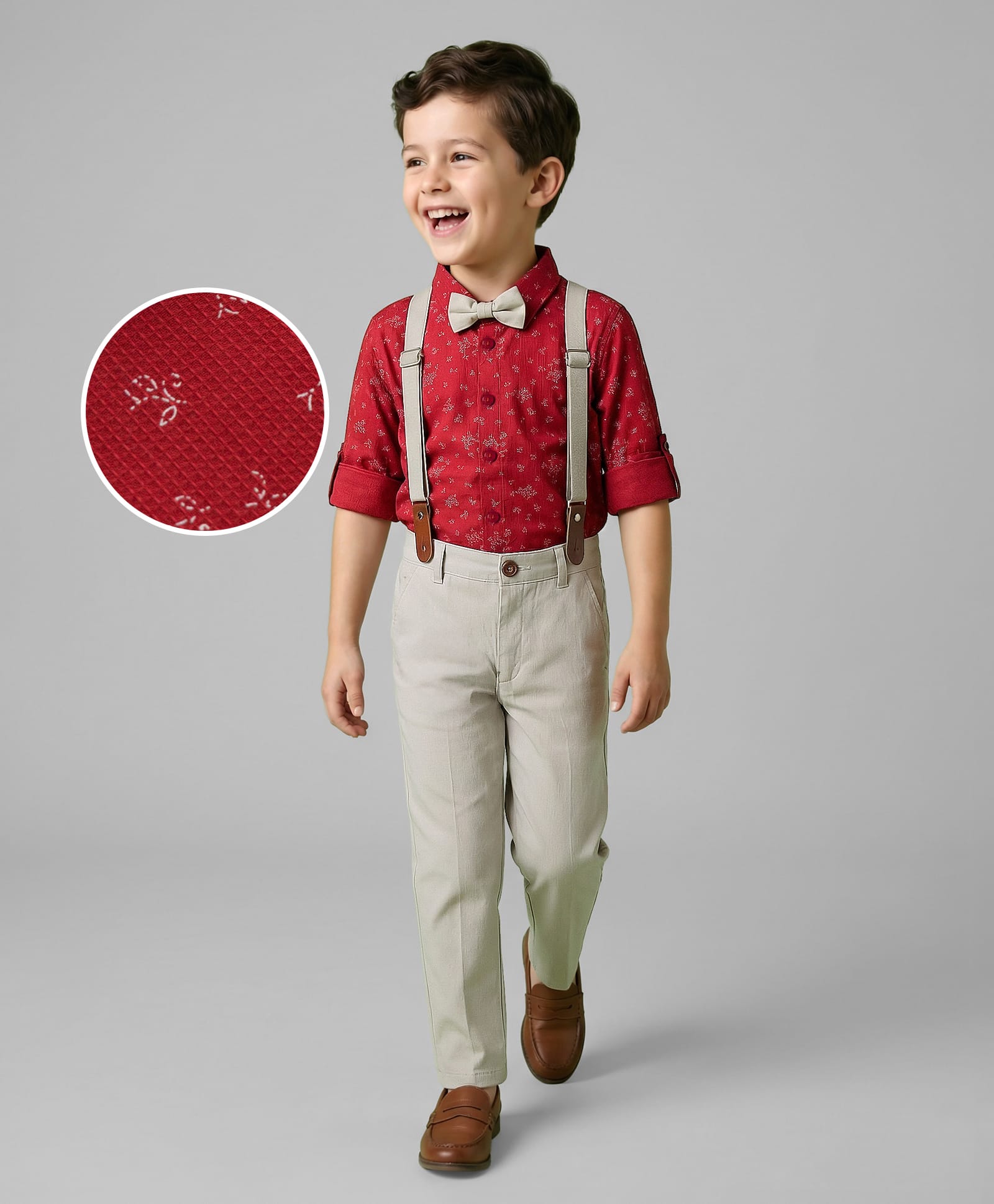 Mark & Mia Woven Full Sleeves Printed Party Shirt & Trouser with Bow & Suspender - Red & Grey-image-45