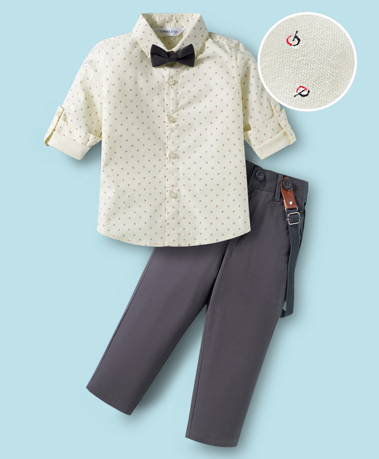 Mark & Mia Woven Full Sleeves Printed Party Shirt & Trouser Set with Bow & Suspender - Off White & Grey-picture-28