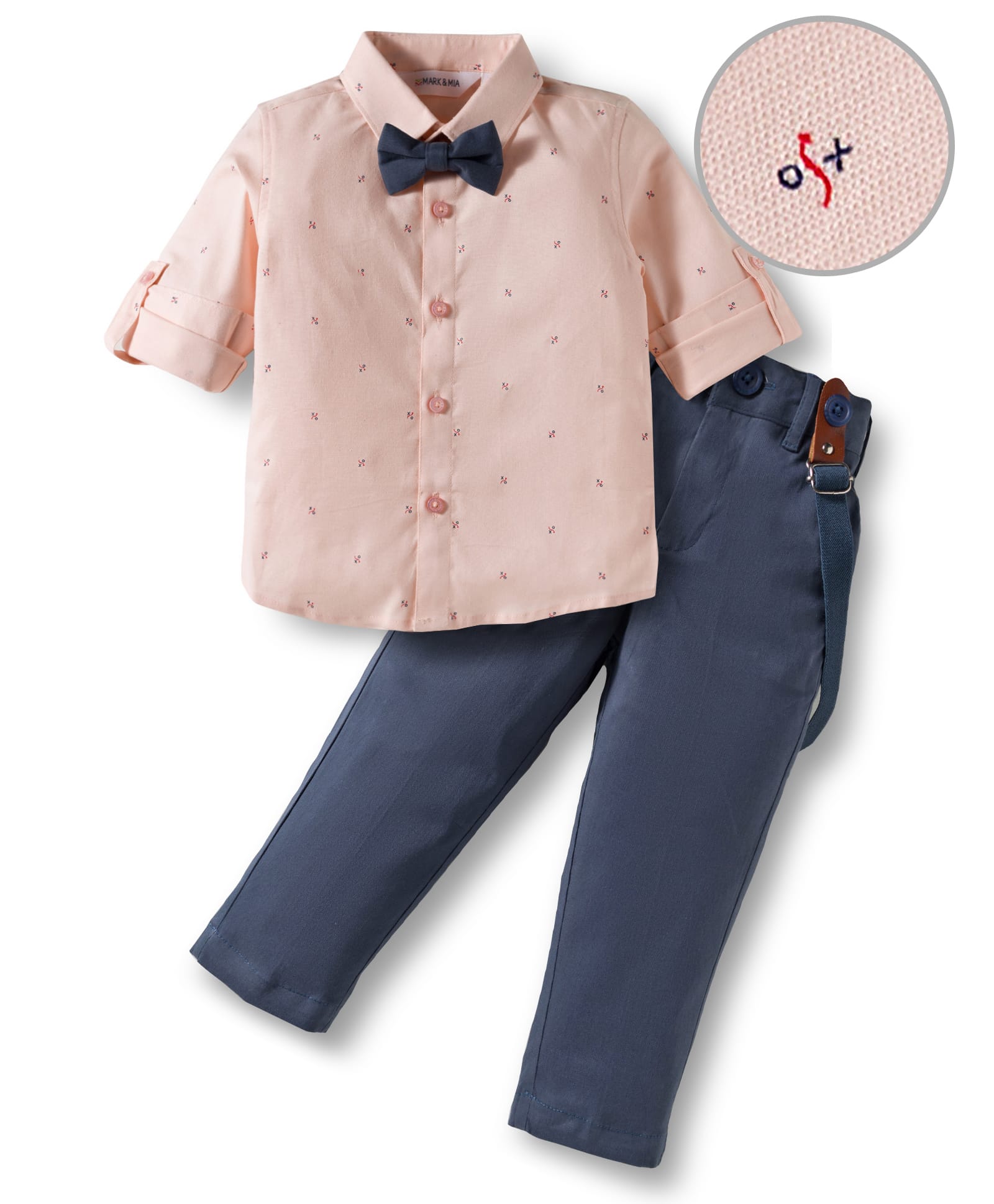 Mark & Mia Woven Full Sleeves Printed Party Shirt & Trouser Set with Bow & Suspender - Pink & Navy Blue-picture-26