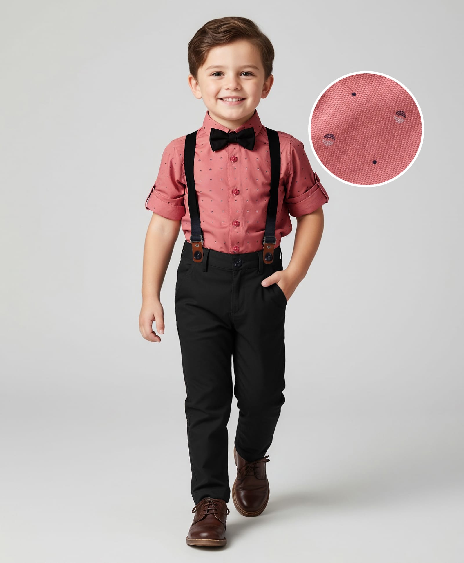 Mark & Mia Woven Full Sleeves Printed Party Shirt & Trouser Set with Bow & Suspender - Dark Pink & Black-picture-35