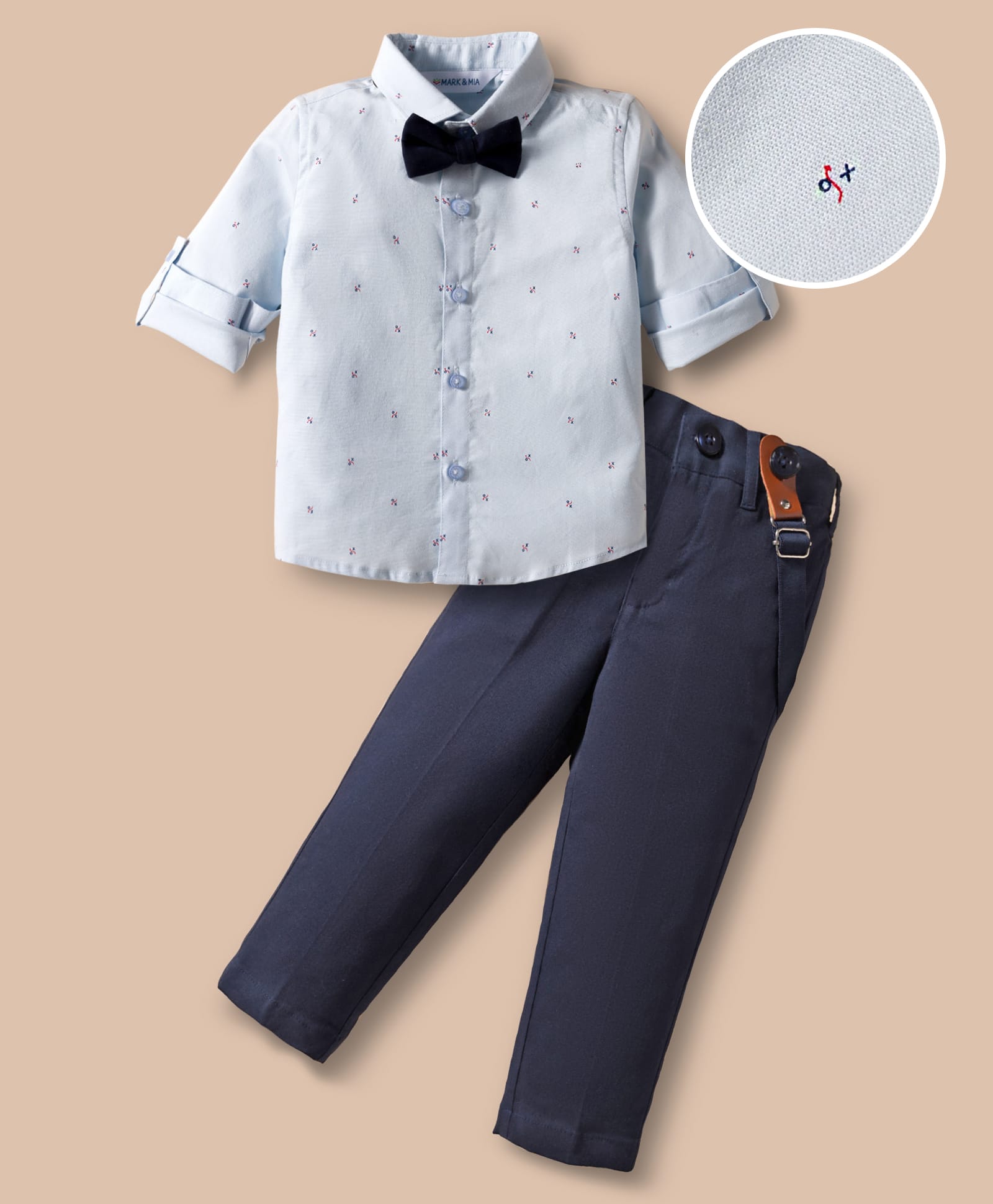 Mark & Mia Woven Full Sleeves Printed Party Shirt & Trouser Set with Bow & Suspender - Light Blue & Navy Blue-picture-33