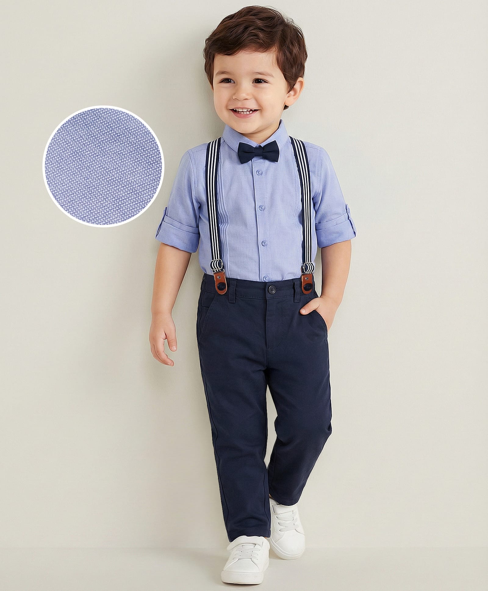Mark & Mia Woven Full Sleeves Solid Color Party Shirt & Pant Set with Bow & Suspender - Light Blue-picture-22