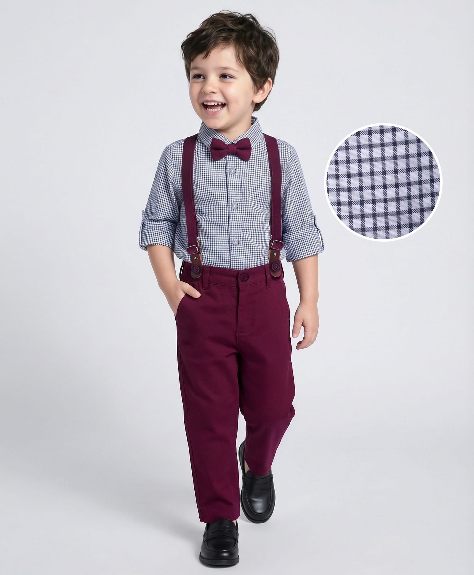 Mark & Mia Woven Full Sleeves Checkered Party Shirt & Trouser Set with Bow & Suspender - Wine-picture-21