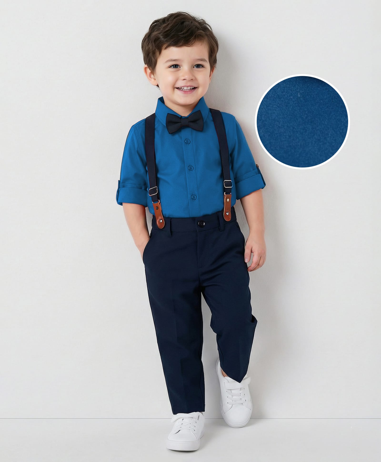 Mark & Mia Cotton Woven Full Sleeves Solid Party Shirt & Trouser Set With Bow & Suspender - Blue & Black-picture-16