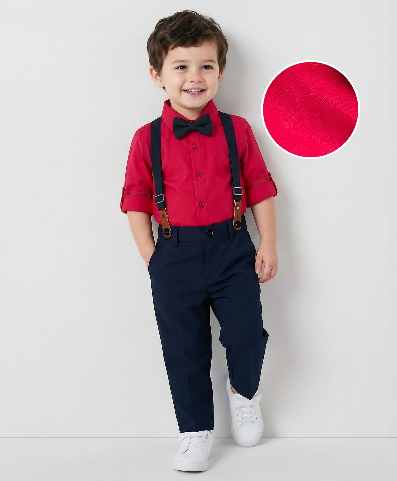 Mark & Mia Cotton Woven Full Sleeves Solid Party Shirt & Trouser Set With Bow & Suspender - Red & Navy Blue-picture-13