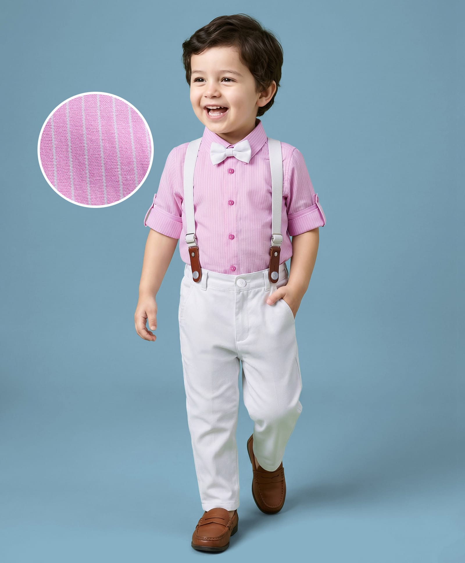 Mark & Mia Woven Full Sleeves Striped Party Shirt & Trouser Set with Bow & Suspender - Pink-picture-22