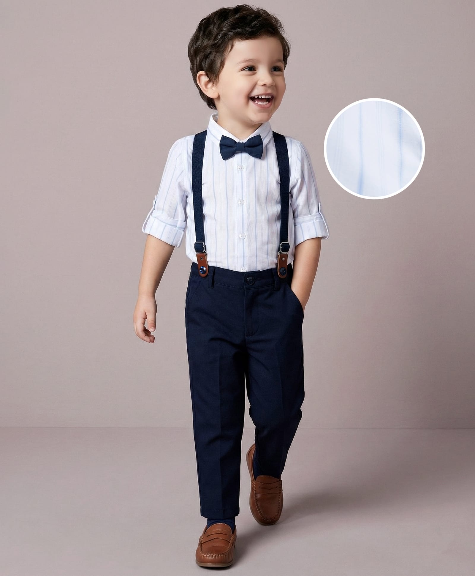 Mark & Mia Woven Full Sleeves Striped Party Shirt & Trouser Set with Bow & Suspender - Navy Blue & White-picture-18