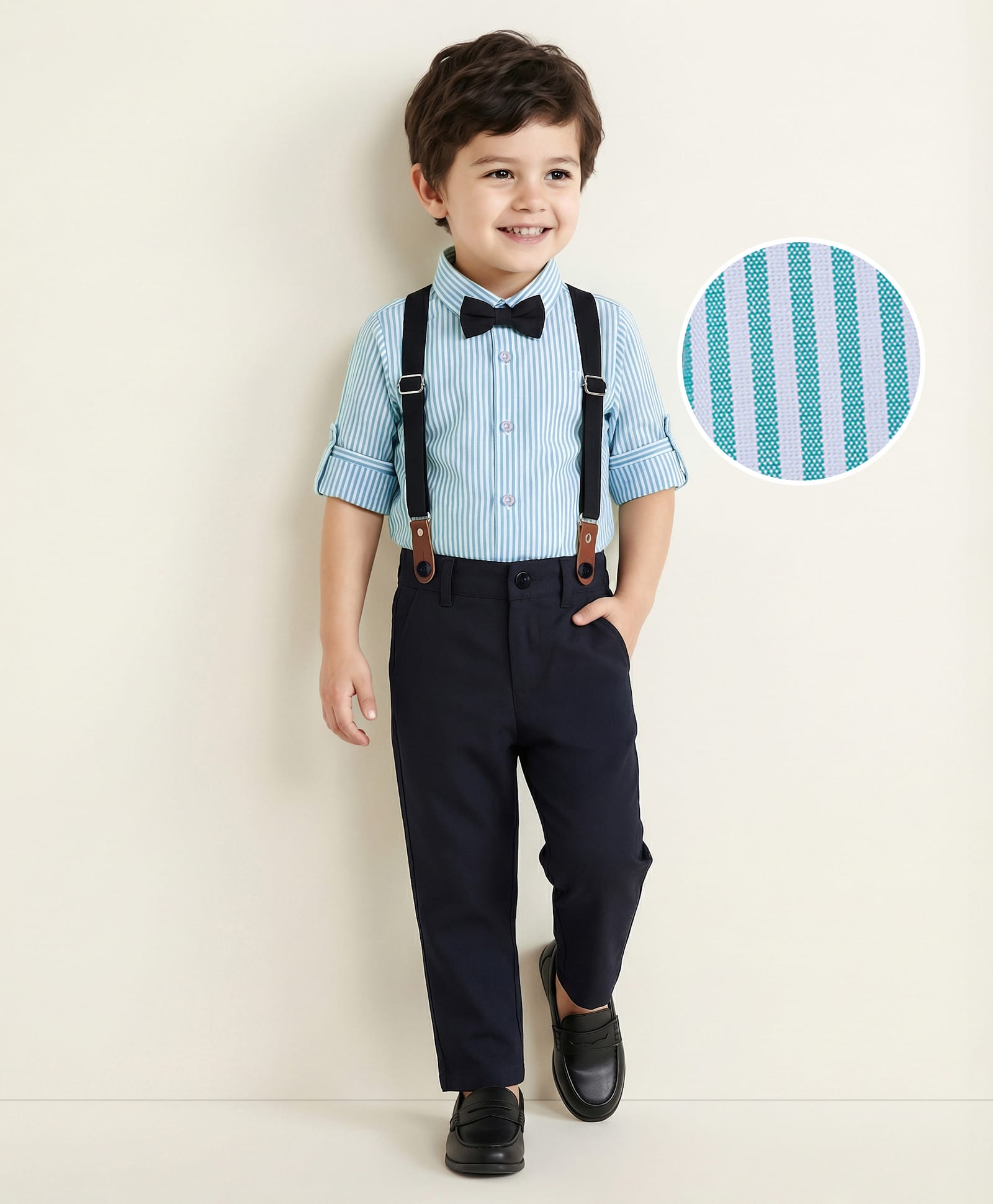 Mark & Mia Woven Full Sleeves Striped Party Shirt & Trouser Set with Bow & Suspender - Black-picture-15