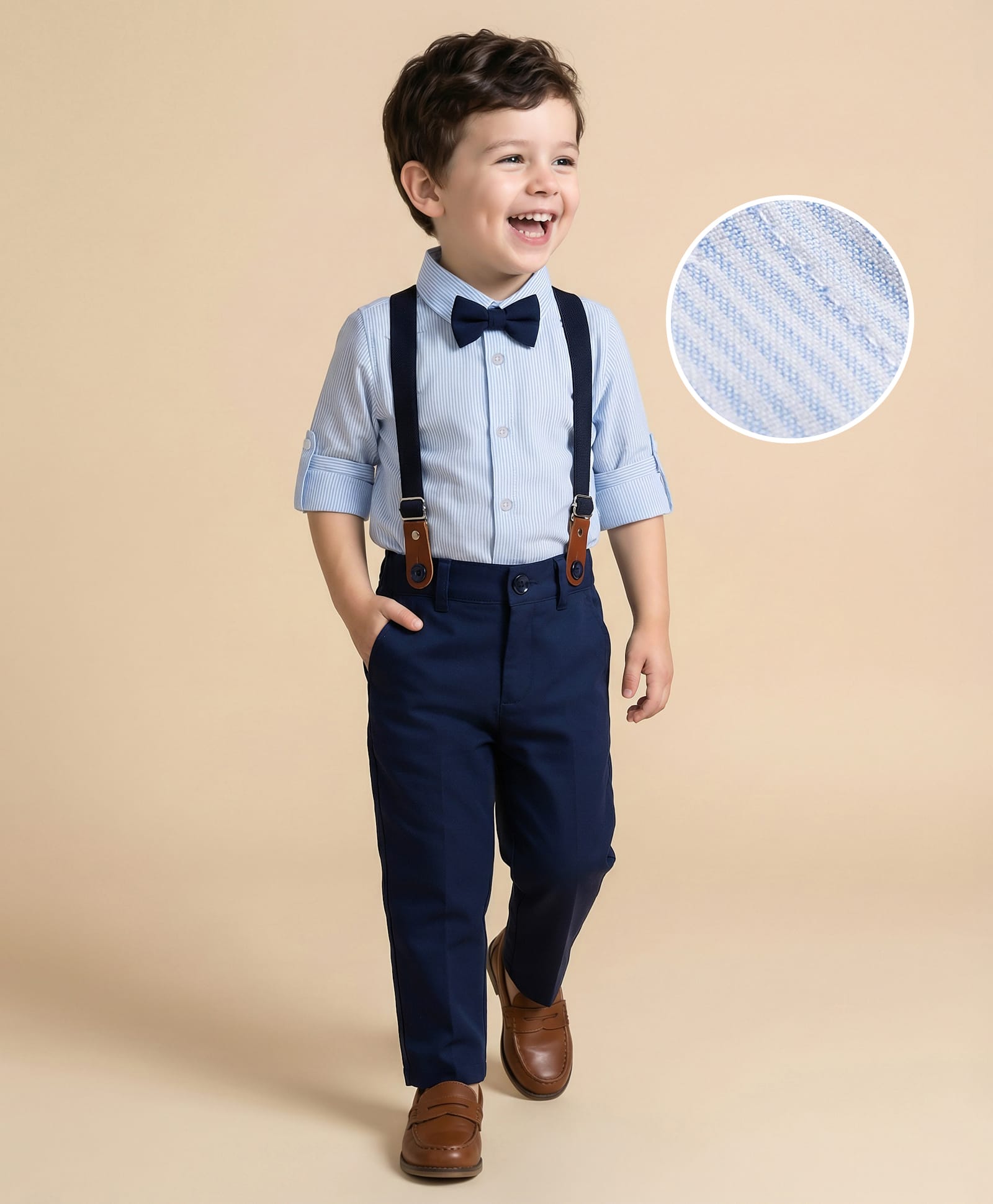 Mark & Mia Woven Full Sleeves Striped Party Shirt & Trouser Set with Suspender & Bow - Navy & Light Blue-picture-13