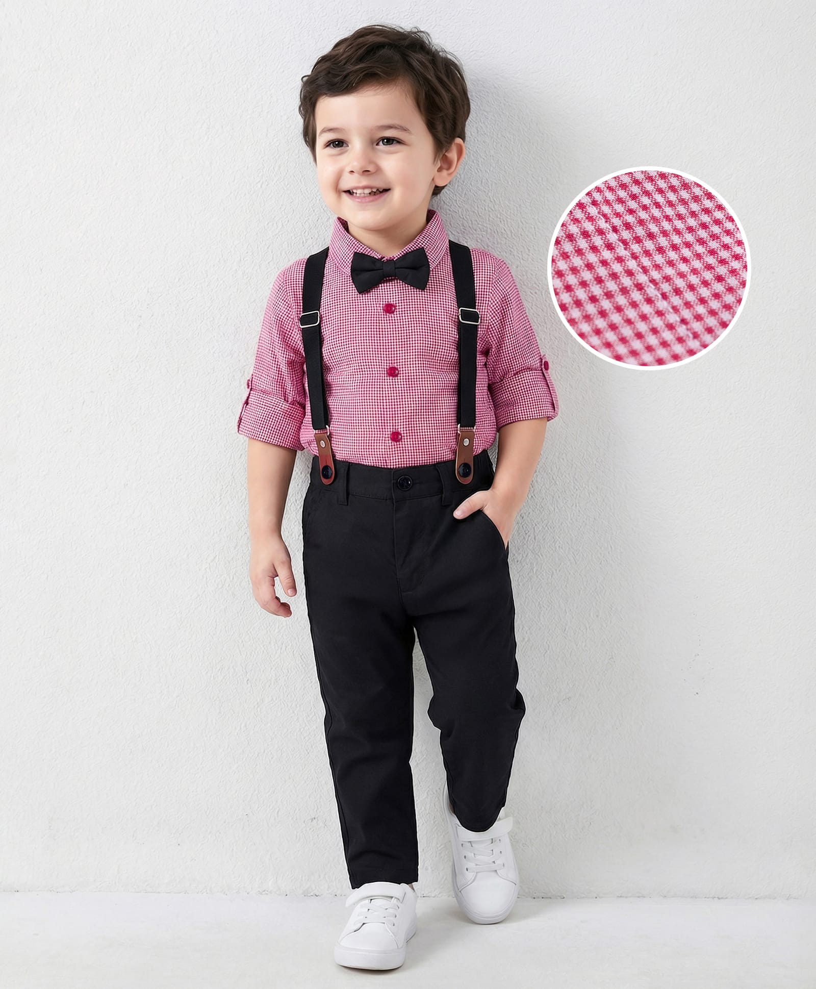 Mark & Mia Woven Full Sleeves Checked Party Shirt & Trouser Set with Bow & Suspender - Pink & Navy-picture-25