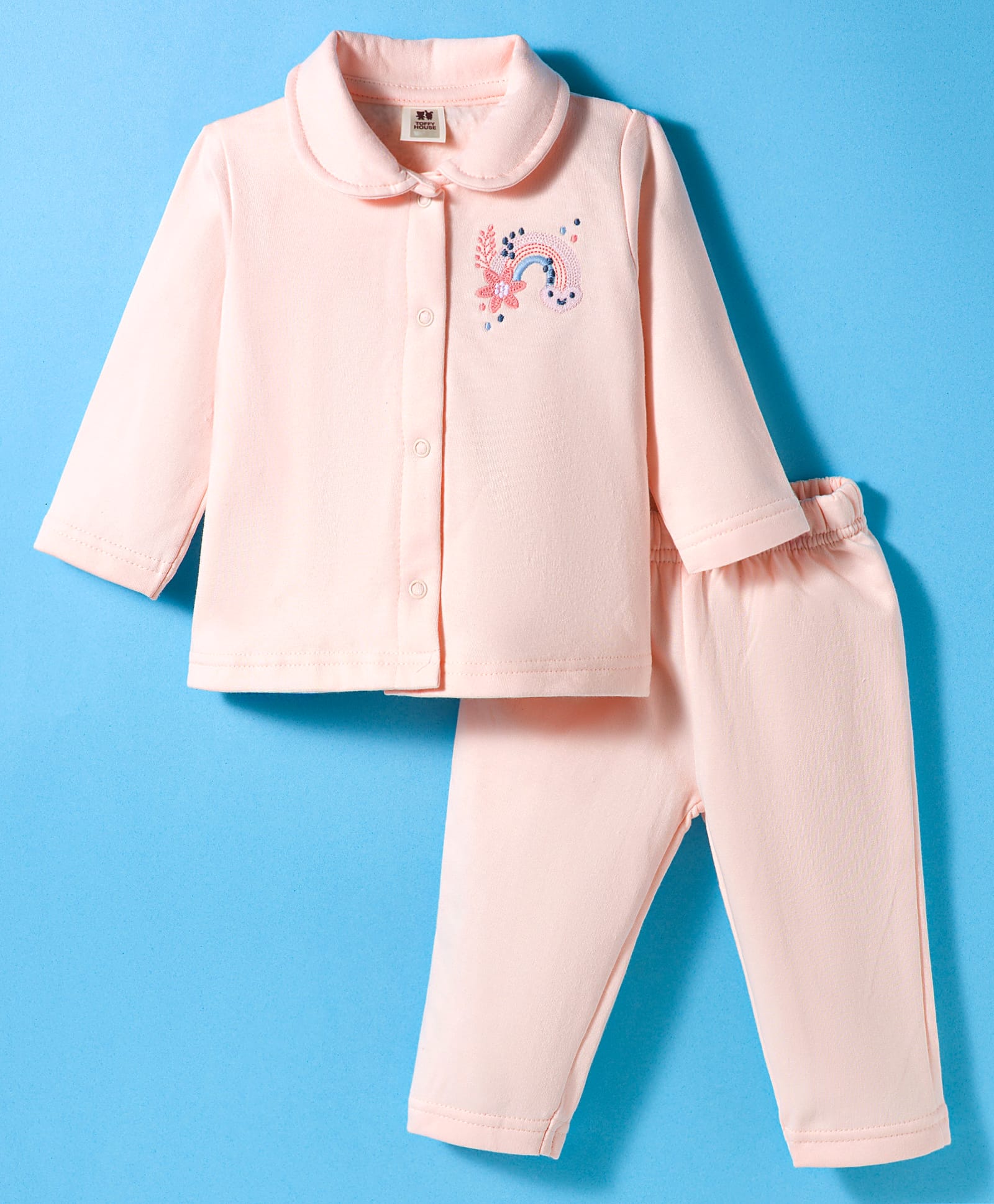 ToffyHouse Fleece Knit Full Sleeves Winter Wear Suit Set with Rainbow & Floral Embroidery - Light Pink-picture-30