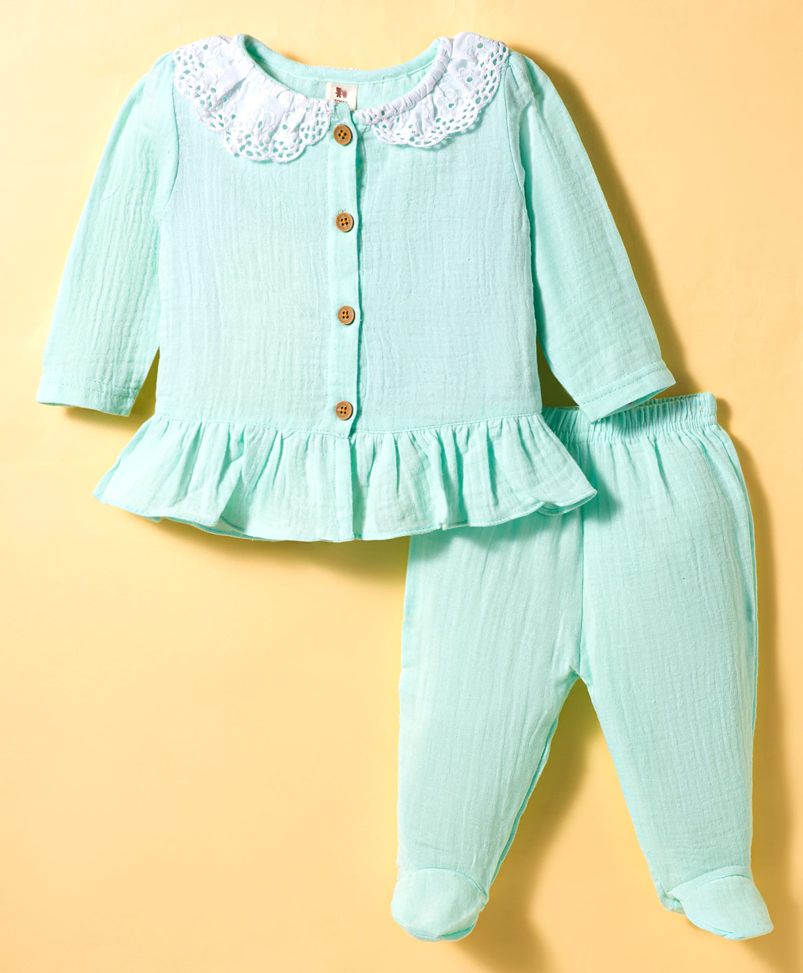 ToffyHouse Muslin Woven Full Sleeves Solid Footed Co-ord Night Suit With Lace Detailing - Light Green-image-37