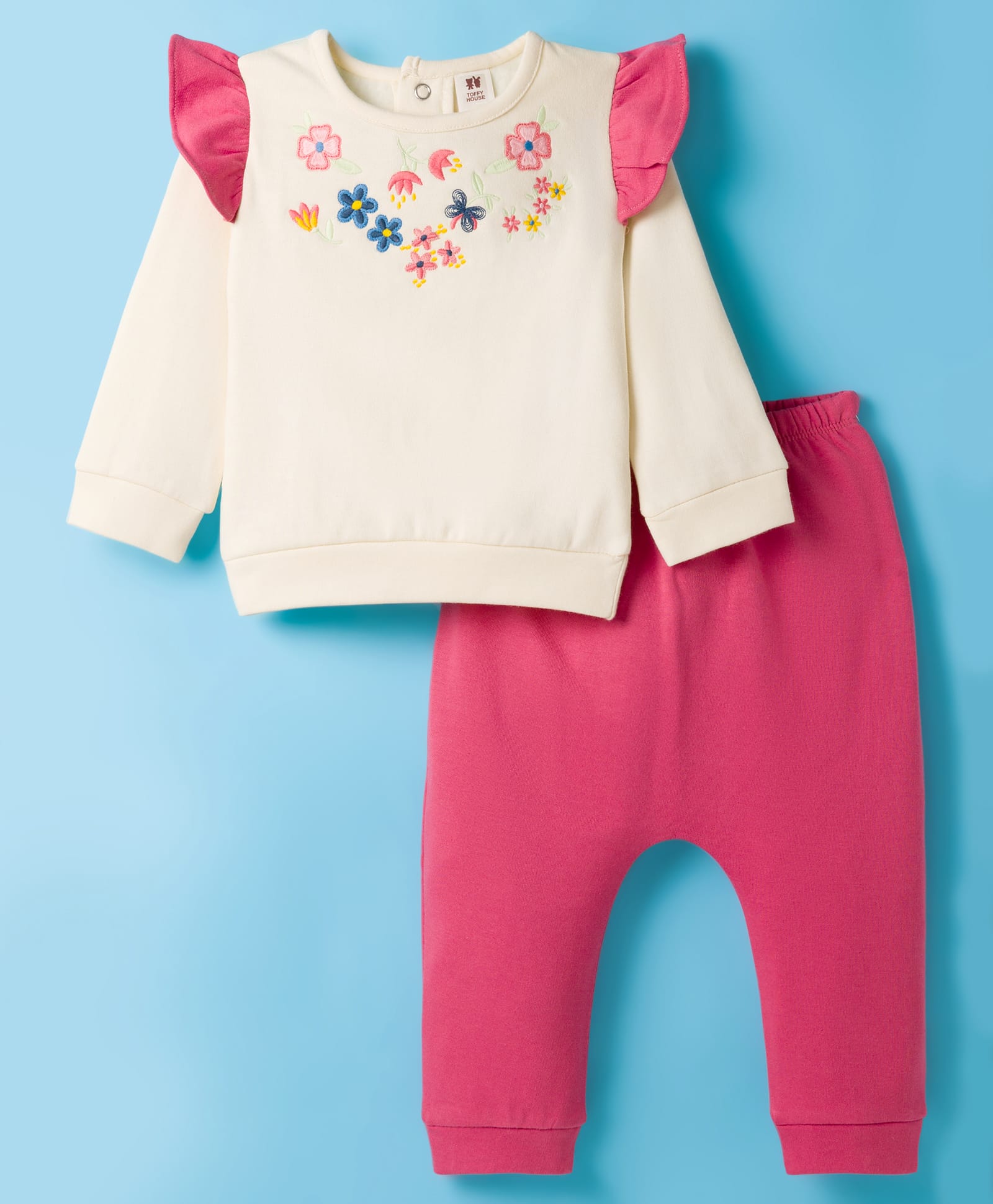 ToffyHouse Fleece Knit Full Sleeves Winter Wear Top & Lounge Pant Set With Floral Embroidery - Off White