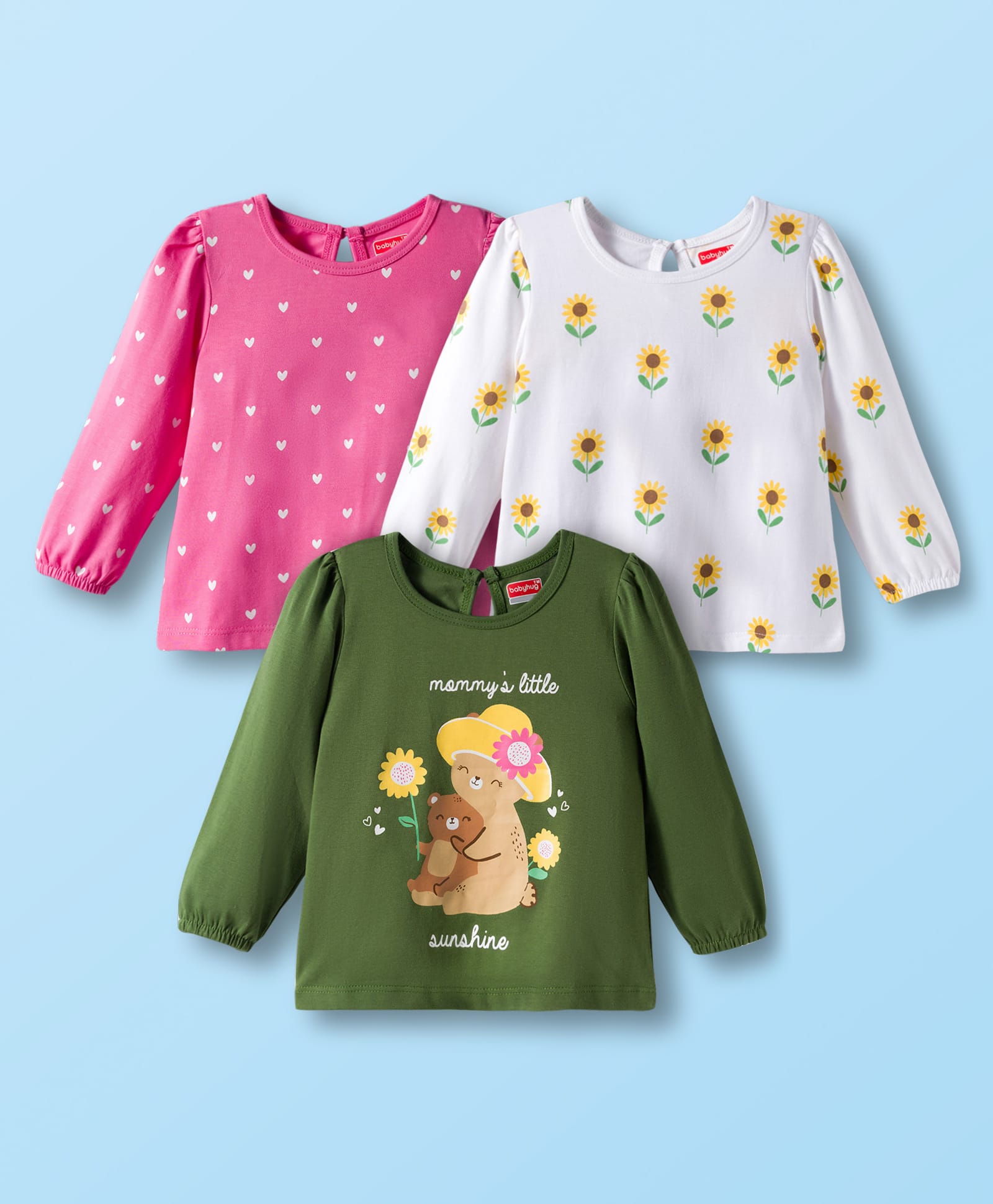 Babyhug 100% Cotton Knit Full Sleeves T-Shirts with Floral Bear & Heart Print Pack of 3 - White Pink & Green-picture-13