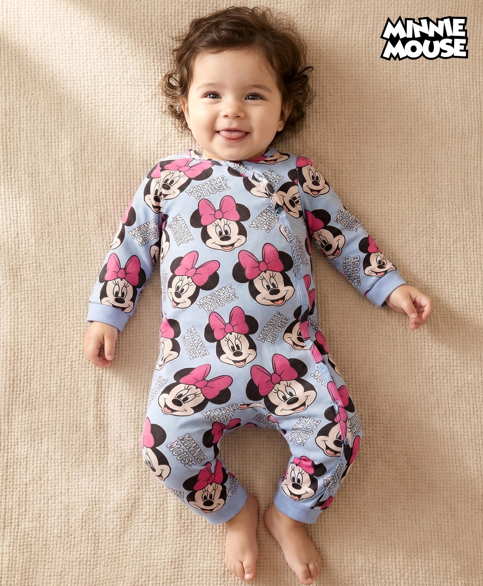 Babyhug Disney Interlock Knit Full Sleeves Front Open Romper with Minnie Mouse Graphics - Blue-image-45