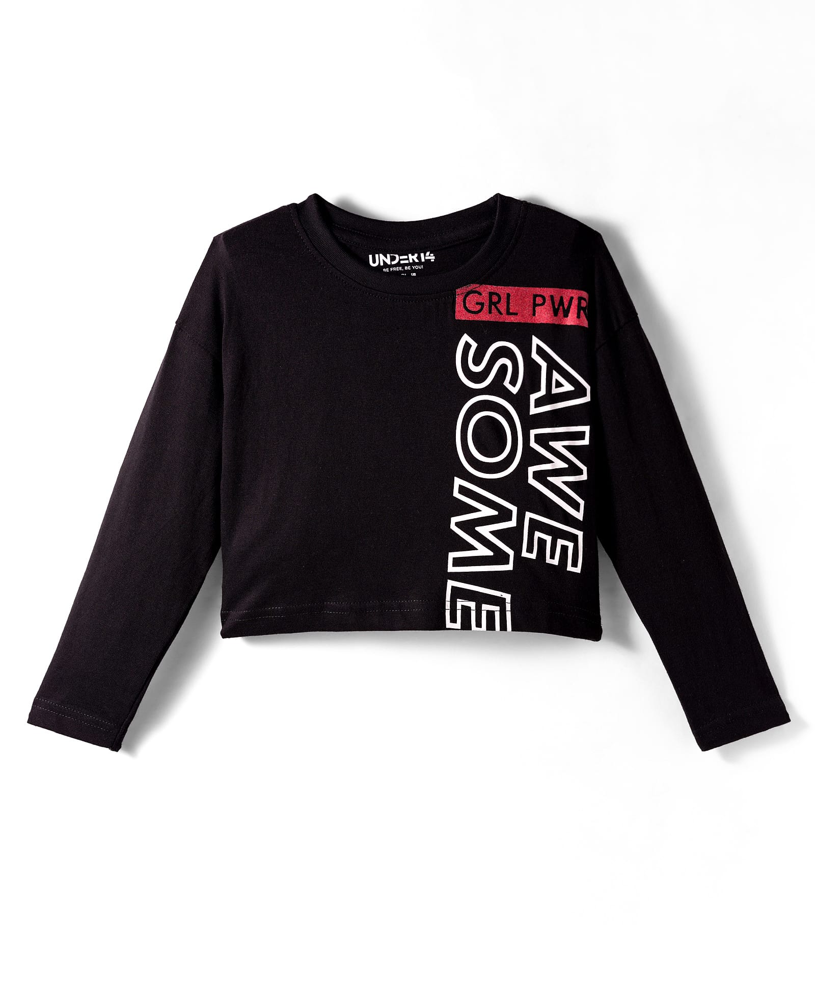 Under Fourteen Only Full Sleeves Awesome Text Printed Crop Top - Black-image-40
