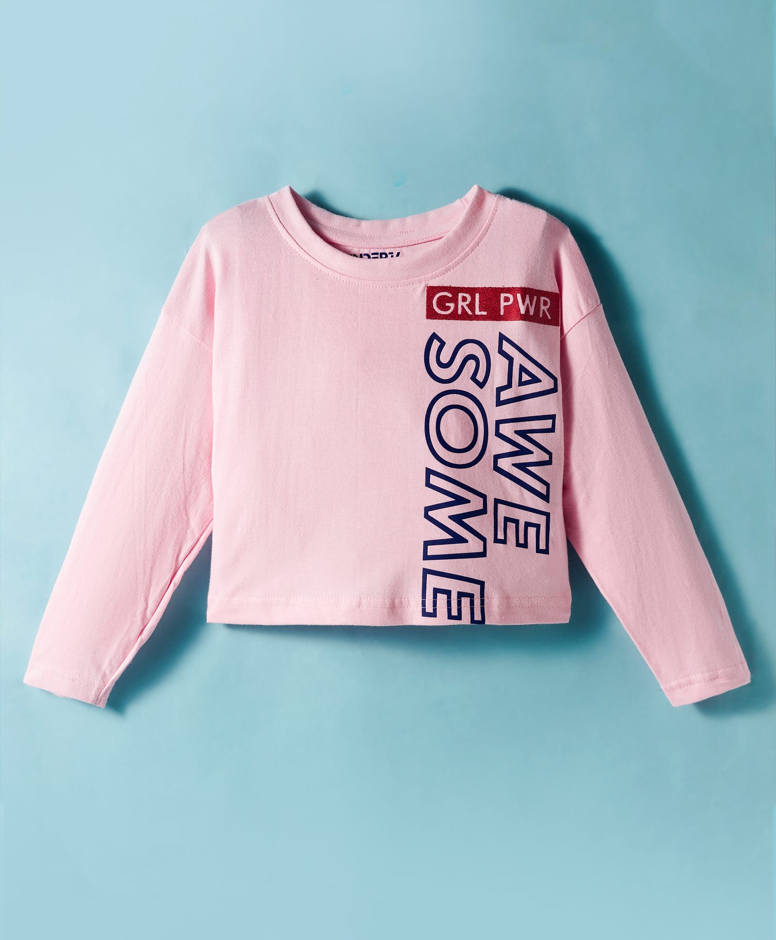 Under Fourteen Only Full Sleeves Awesome Text Printed Crop Top - Pink-image-8