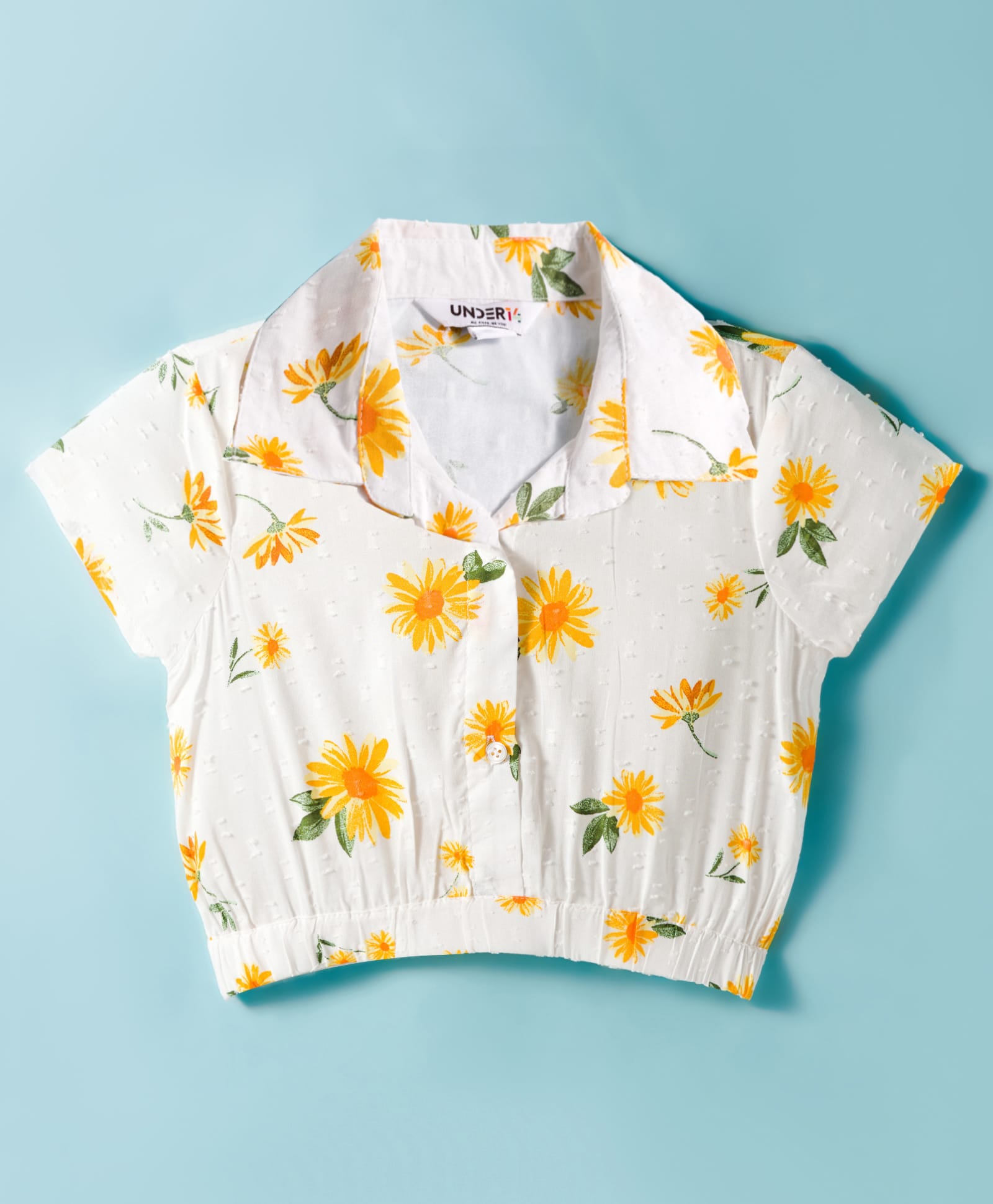 Under Fourteen Only Half Sleeves Floral Printed Swiss Dots Embroidered Shirt Style Crop Top - White-picture-37