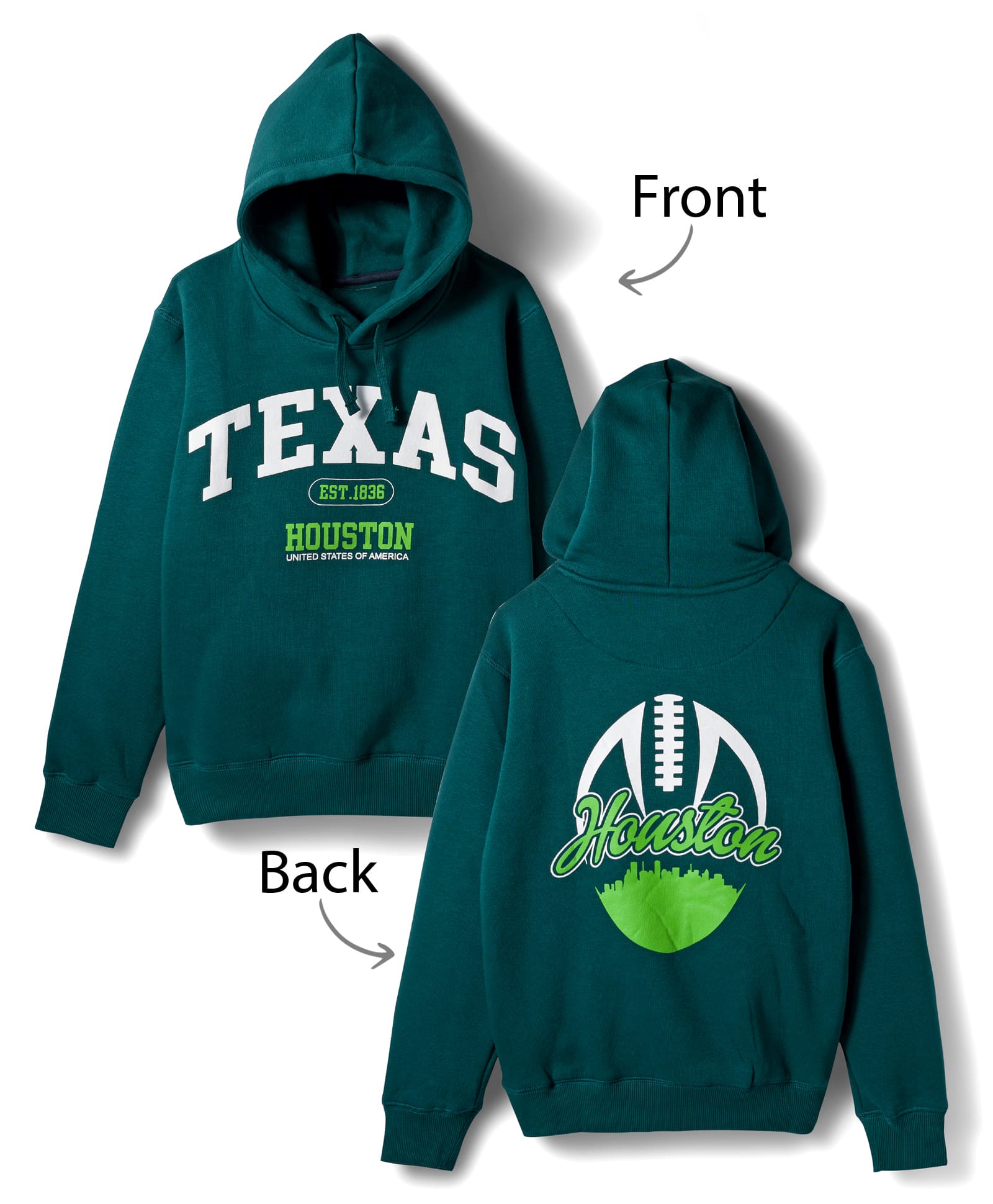 Doreme Fleece Knit Full Sleeves Hooded Sweatshirt With Texas Print - Teal Blue-image-9