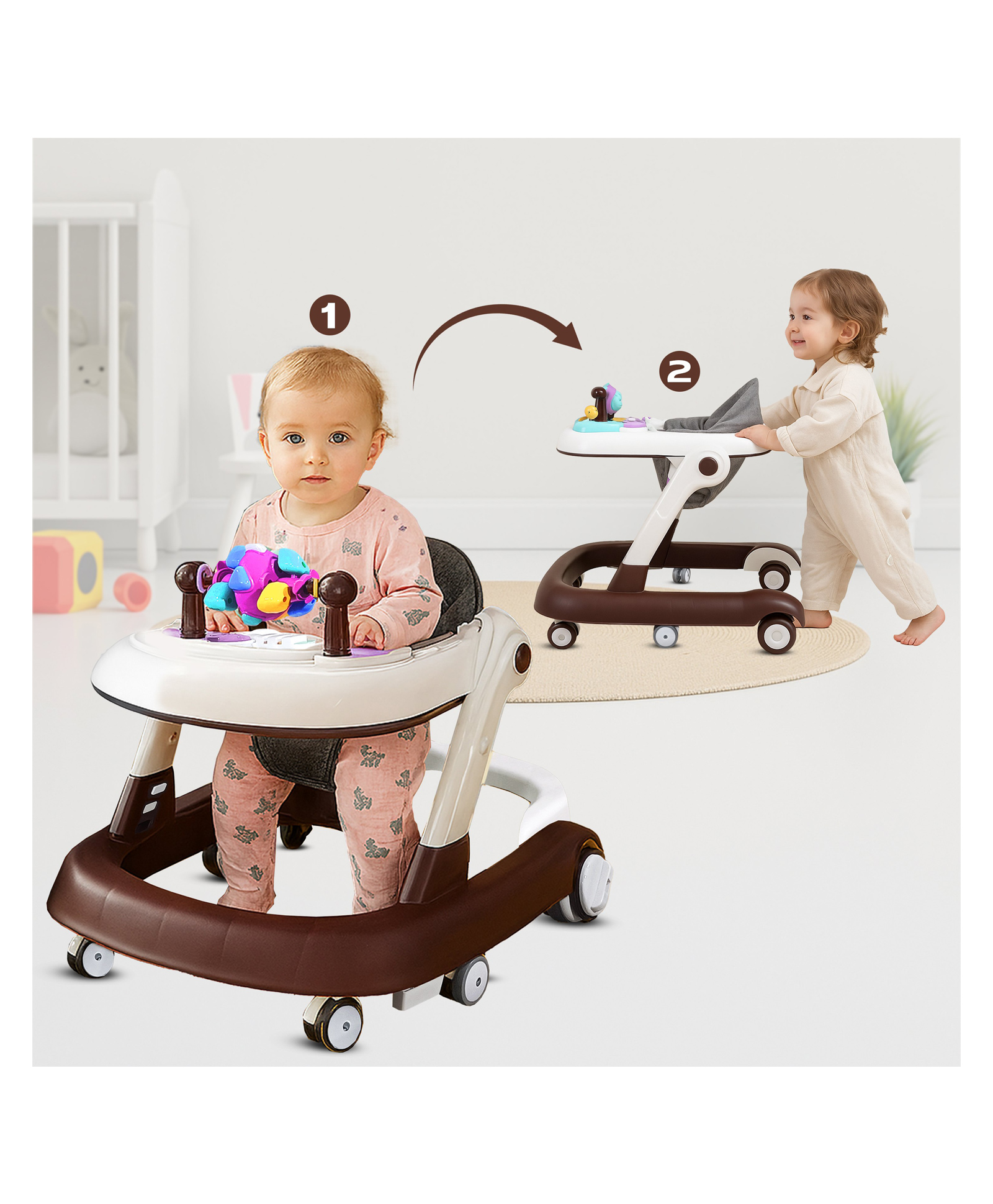 Kidsmate Convertible 2-in-1 Baby Walkers for 6 to 18 Months with Activity Push Mode | Walker for Kids with Musical Toy Tray, Adjustable Height & Cushioned Seat | Safe, Foldable Design - White-image-31