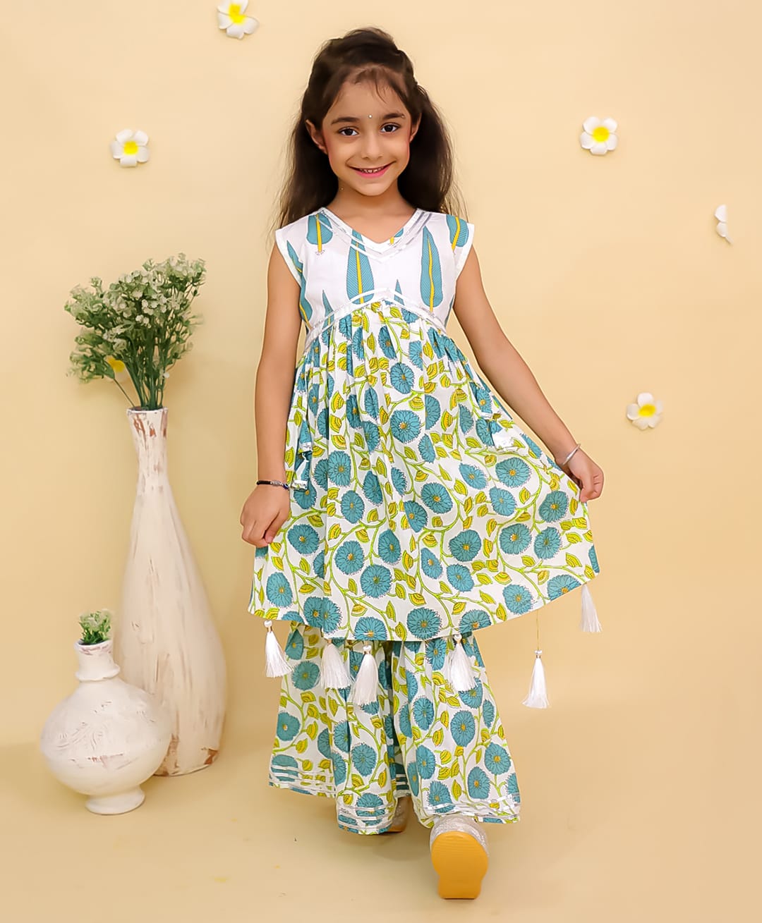 The Mom Store Cotton Knit Sleeveless Floral Printed Gota Lace Embellished Kurti Sharara Set - Multi Colour-image-46