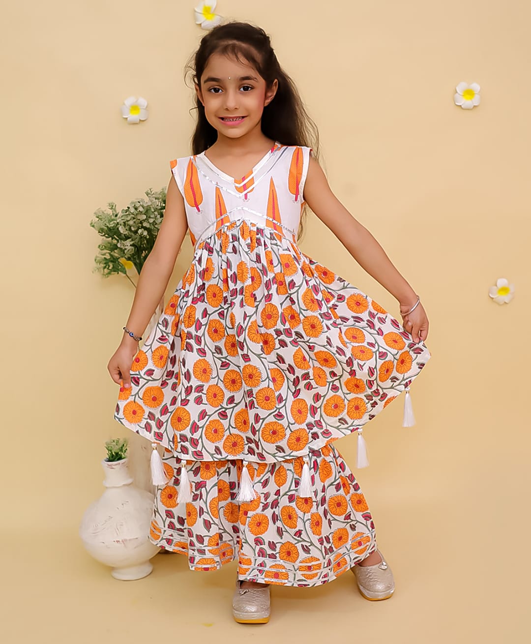 The Mom Store Cotton Knit Sleeveless Floral Printed Gota Lace Embellished Kurti Sharara Set - Multi Colour-picture-44