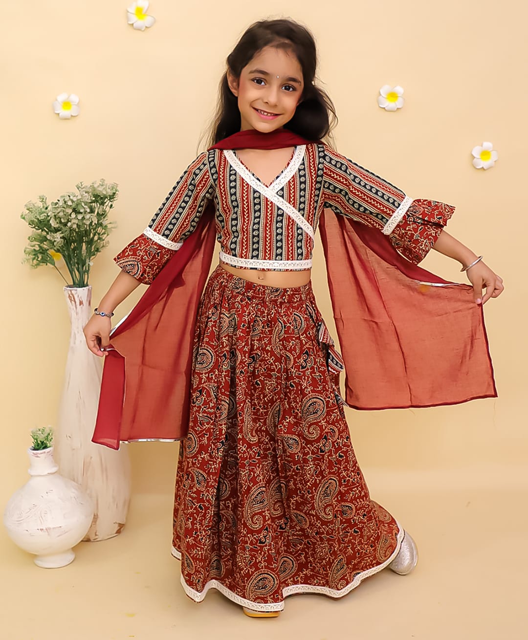 The Mom Store Cotton Knit Three Fourth Bell Sleeves Kalamkari Work Printed & Gota Lace Embellished Lehenga Choli With Dupatta Set - Multi Colour-image-28