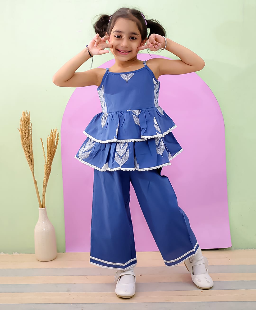 The Mom Store Cotton Knit Sleeveless Leaves Printed Lace Detailed Peplum Kurti With Pant Set - Blue-image-43