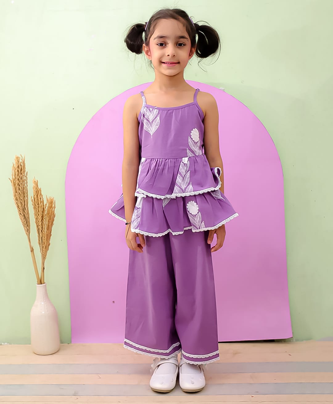 The Mom Store Cotton Knit Sleeveless Leaves Printed Lace Detailed Peplum Kurti With Pant Set - Purple-image-18