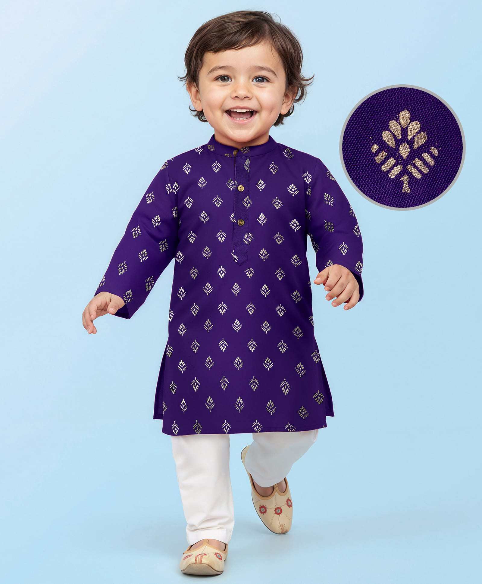EARTHY TOUCH Woven Full Sleeves Kurta Pajama Set with Floral Glitter Print - Navy Blue-image-48
