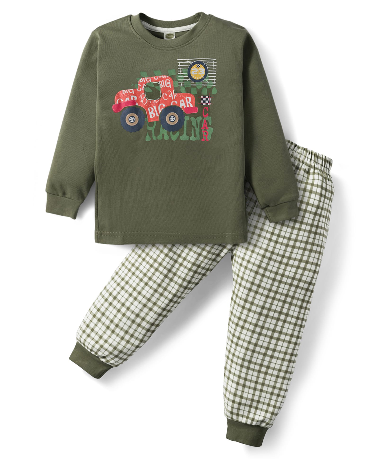Teddy Interlock Knit Full Sleeves T-Shirt & Lounge Pant Set With Vehicle Print - Olive Green-image-19