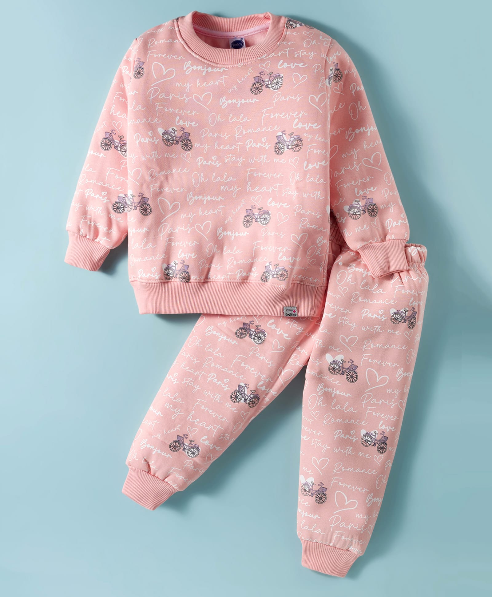 Teddy Fleece Knit Full Sleeves Co-ords Winter Night Suit With Text Print - Pink-picture-31