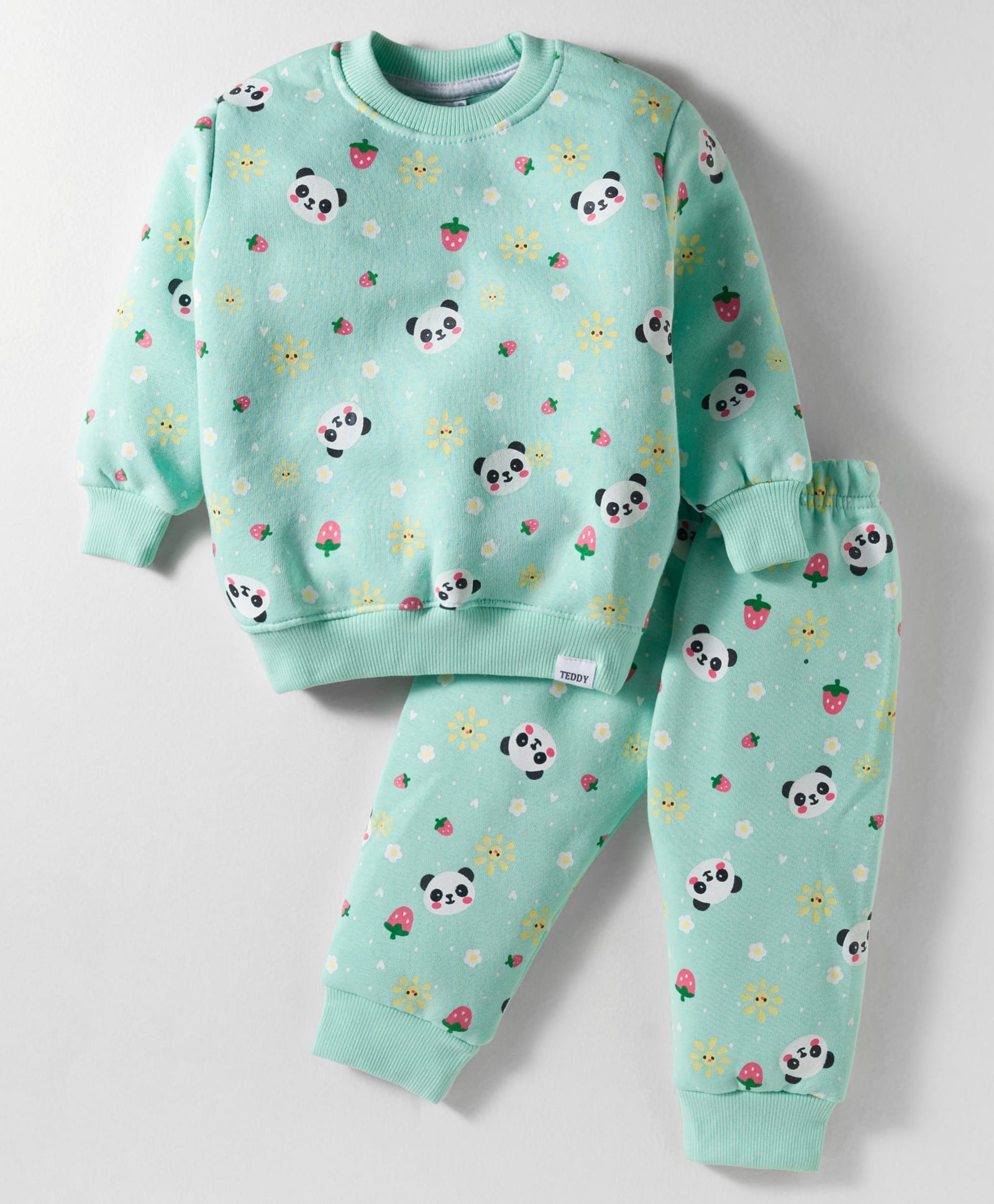 Teddy Fleece Knit Full Sleeves Winter Wear Co-ords Night Suit With Panda Print - Light Green-image-10