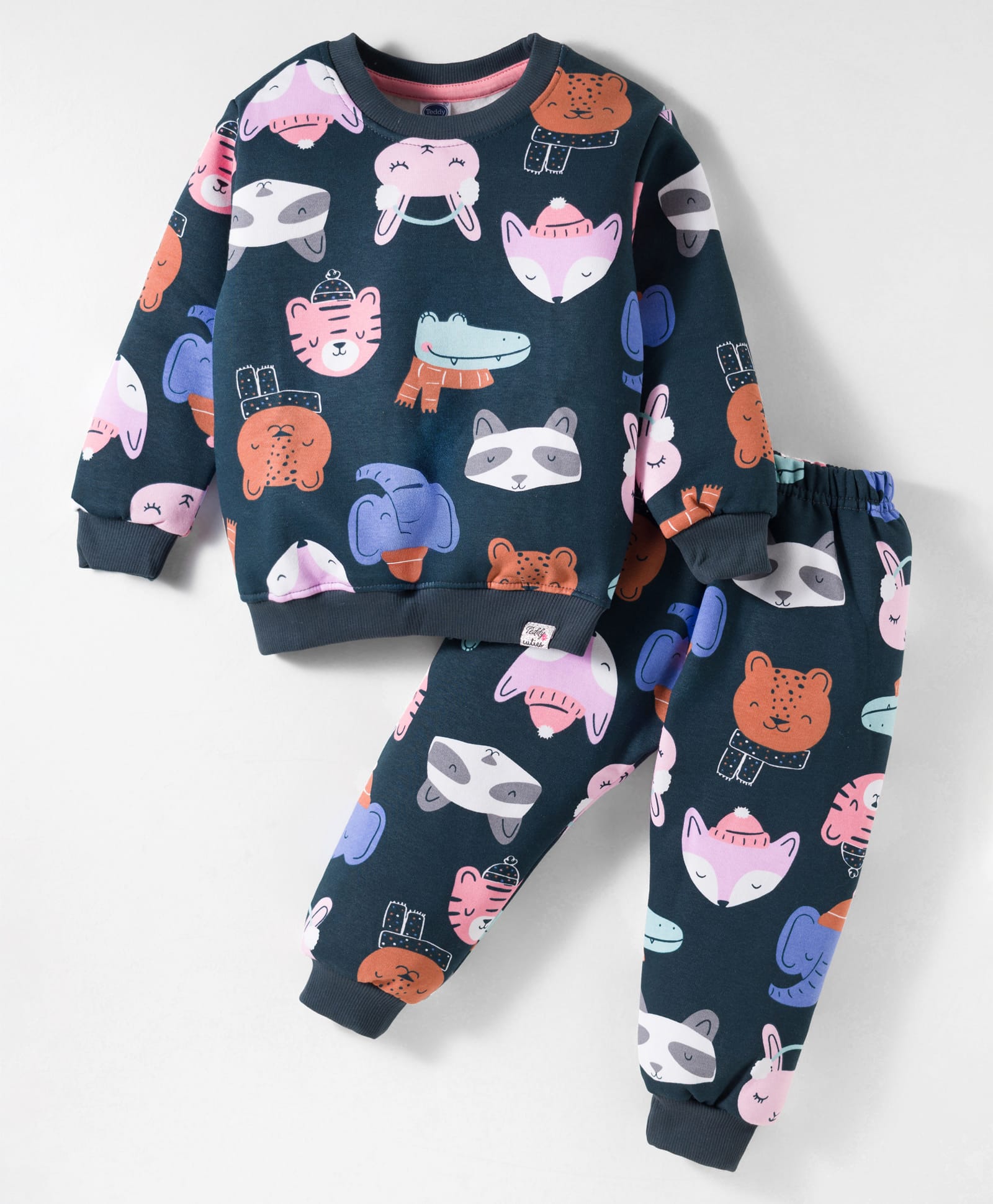 Teddy Fleece Knit Full Sleeves Winter Wear Co-ords Night Suit With Animal Print - Charcoal Grey-picture-11